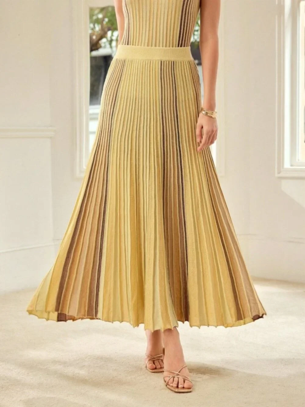 Yellow Striped Knit Maxi Skirt with Pleated A-Line Flare